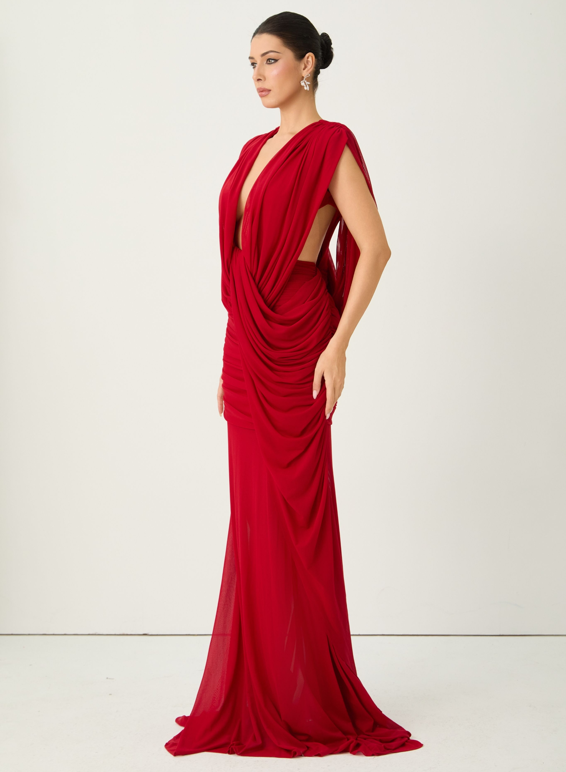 See The City Red Deep V-Neck Ruched Maxi Dress