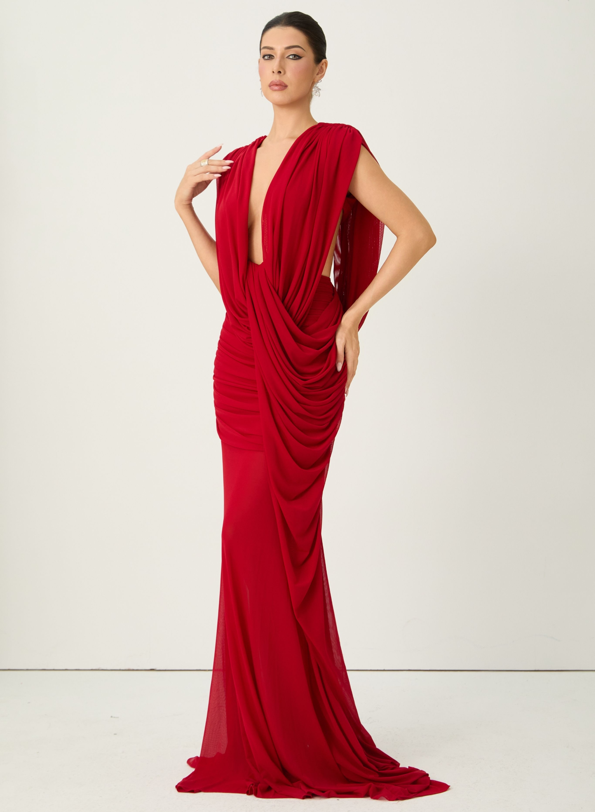 See The City Red Deep V-Neck Ruched Maxi Dress