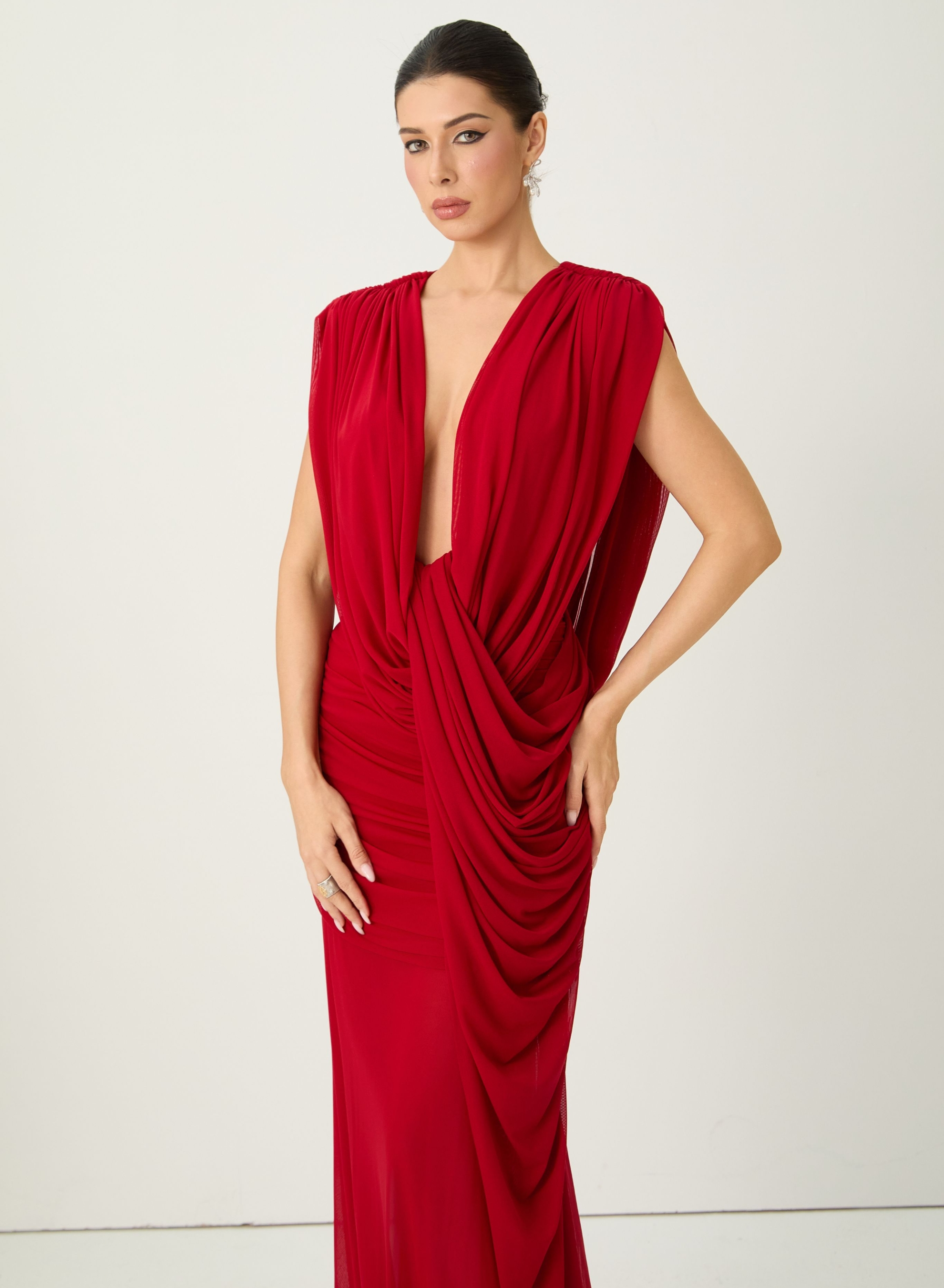 See The City Red Deep V-Neck Ruched Maxi Dress