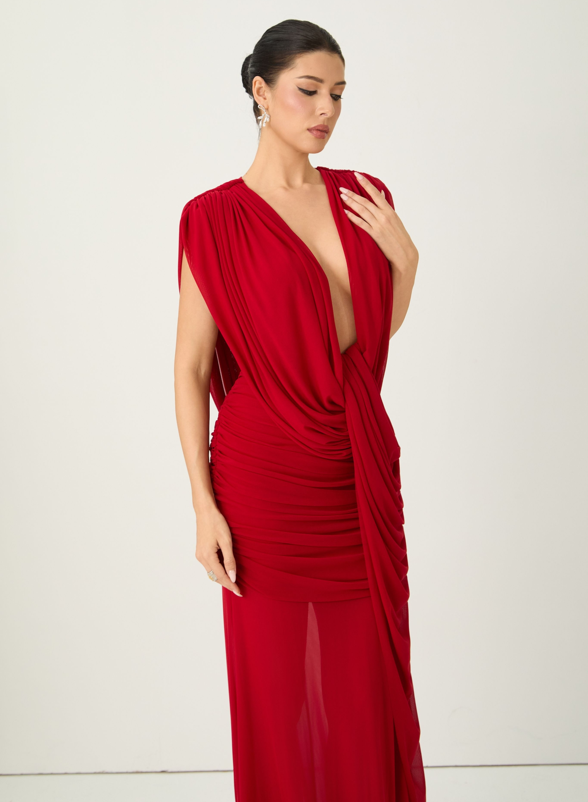 See The City Red Deep V-Neck Ruched Maxi Dress