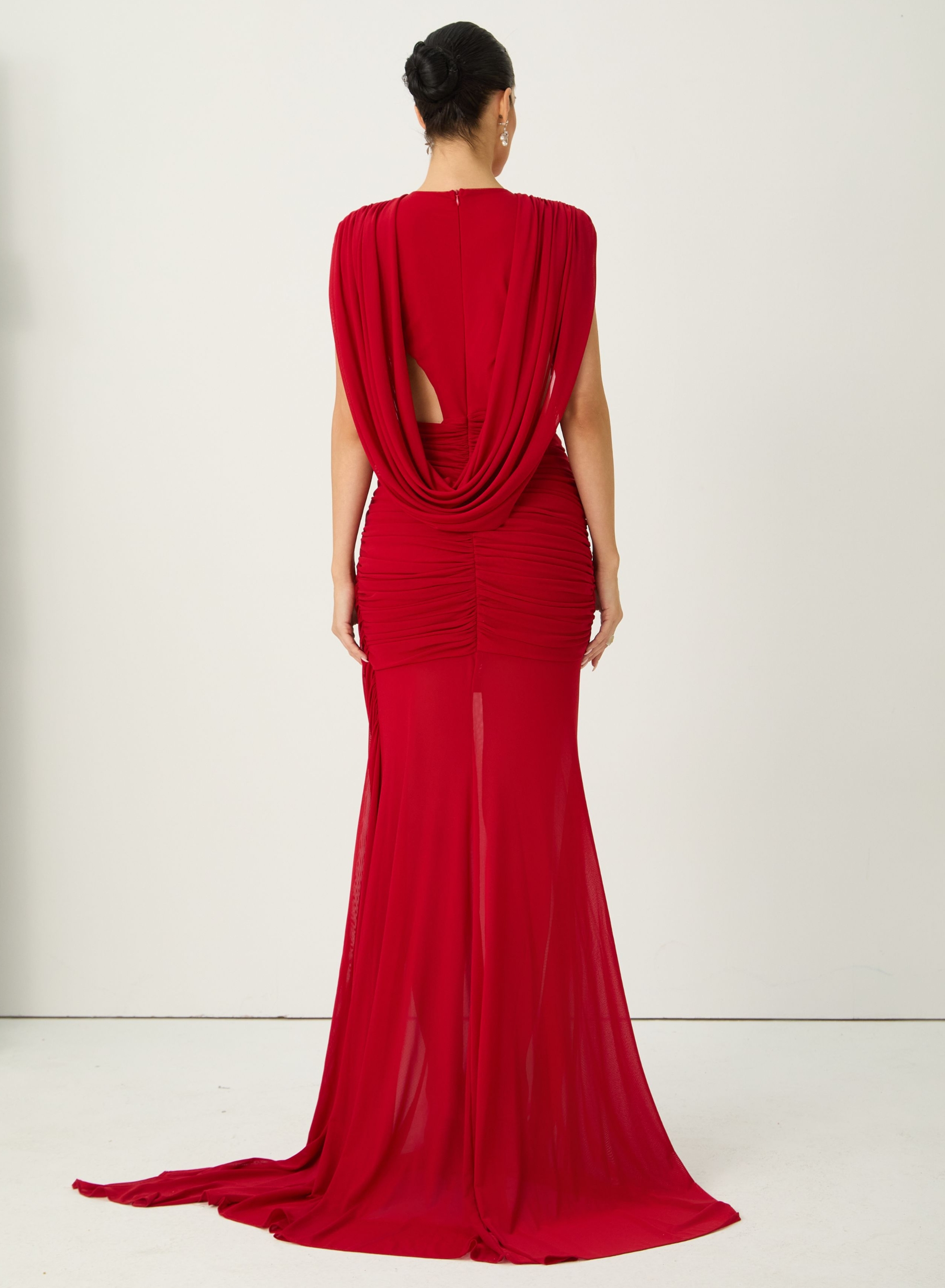See The City Red Deep V-Neck Ruched Maxi Dress