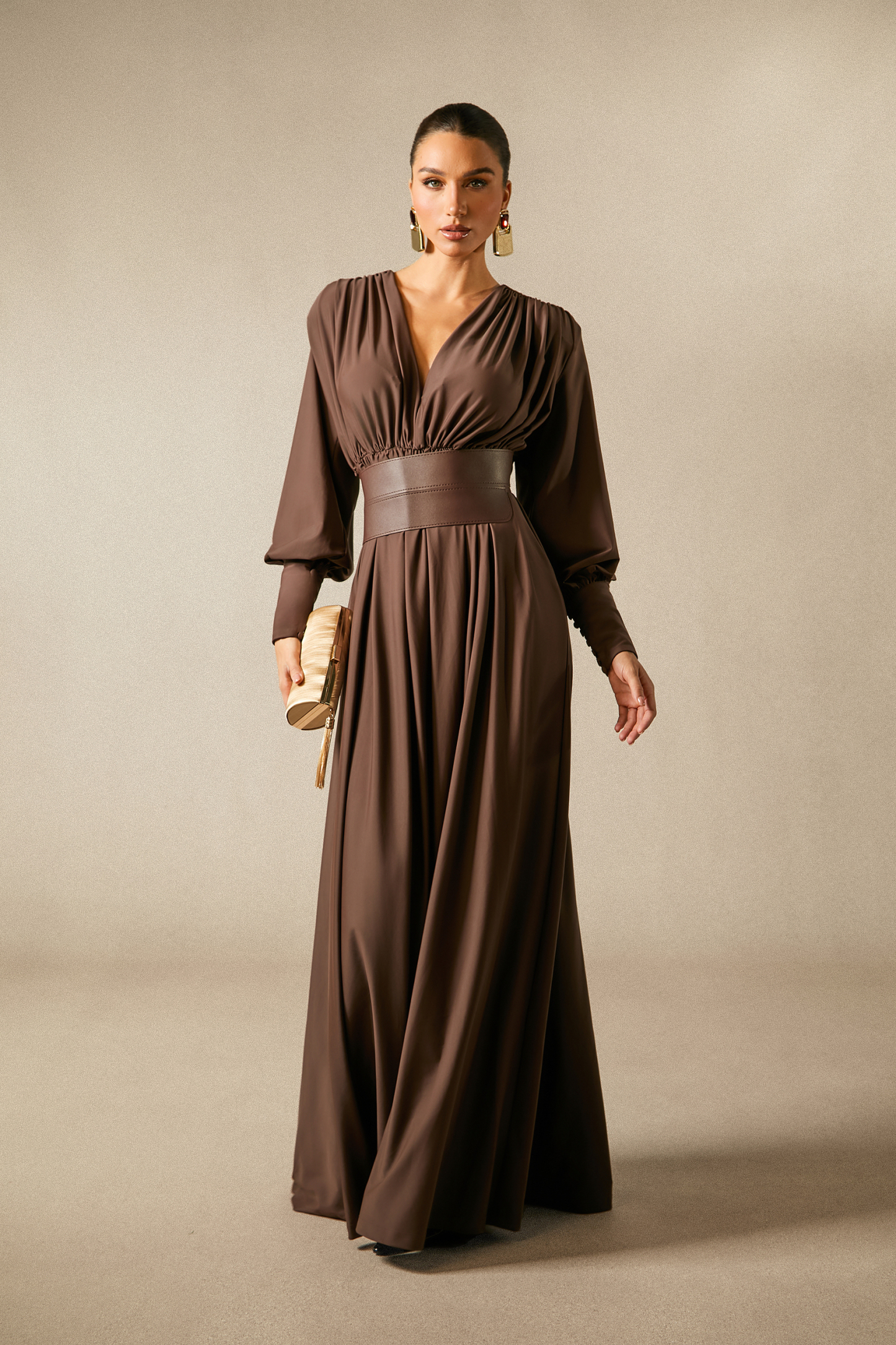 sunfere Renata Plunge Langarm Maxi Kleid-Sunfere