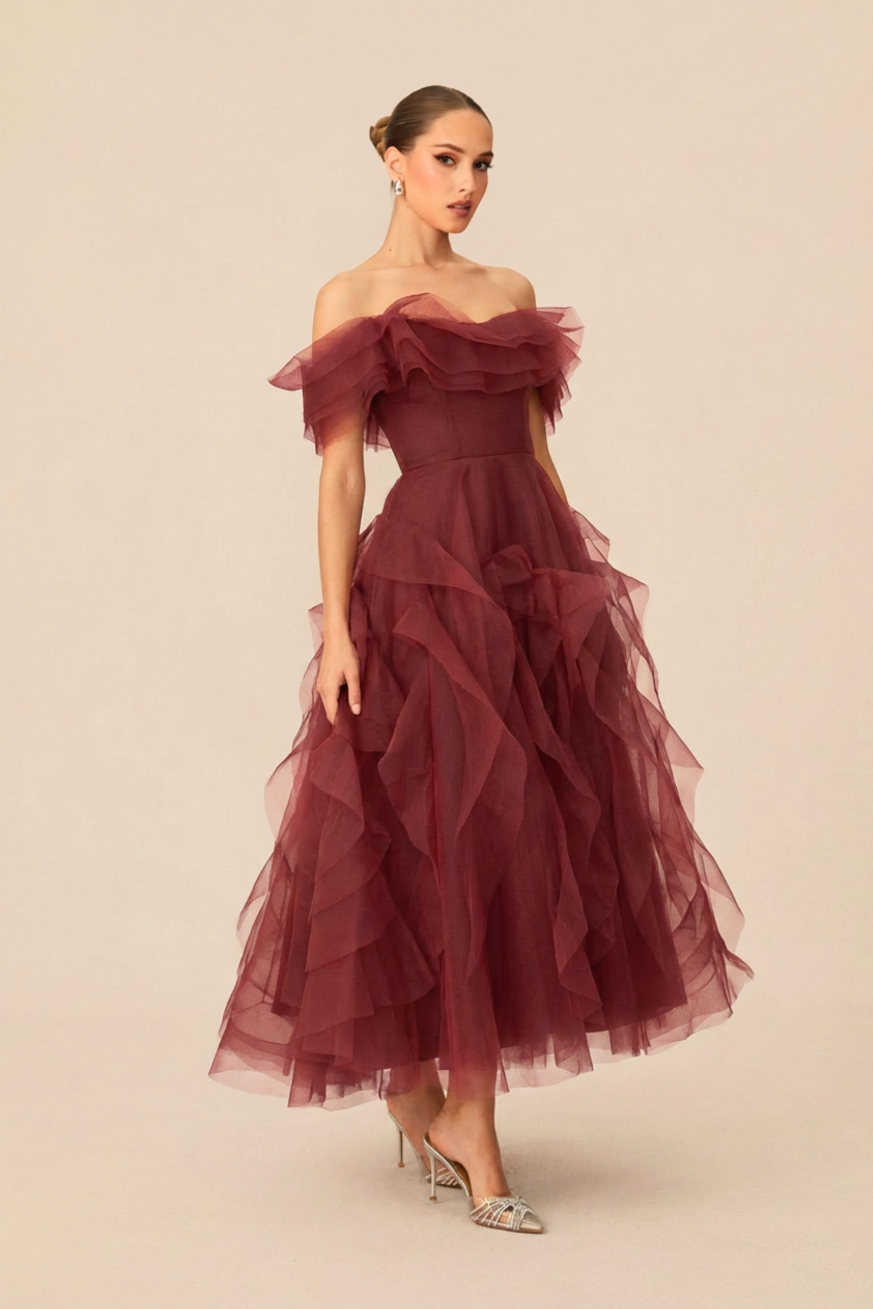 Truly Extraordinary Burgundy Off Shoulder Tiered Ruffle Organza Maxi Dress