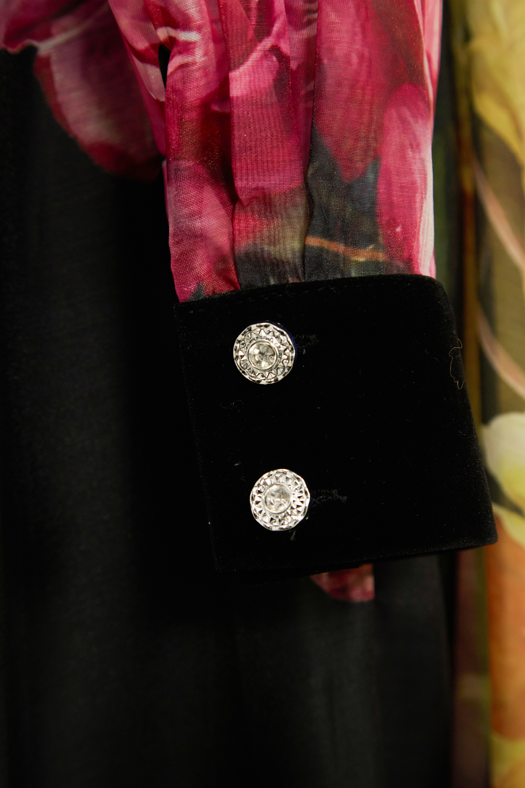 Softly Charming Black Floral Print Velvet Cuff Maxi Dress