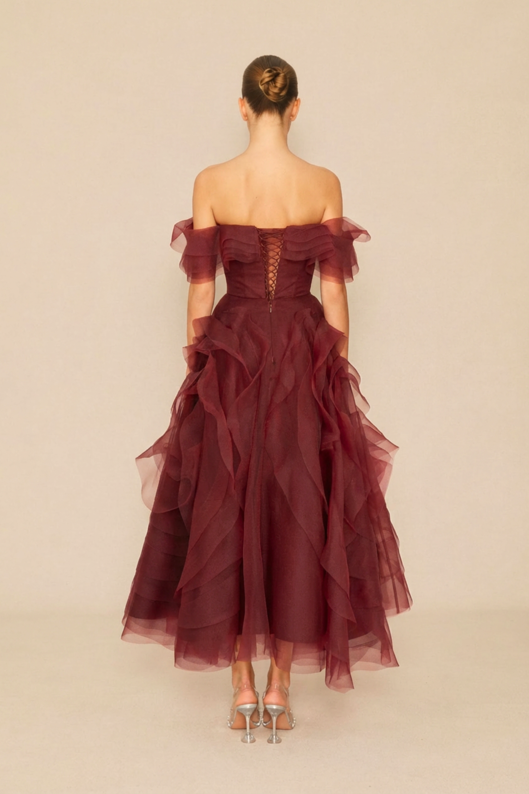 Truly Extraordinary Burgundy Off Shoulder Tiered Ruffle Organza Maxi Dress