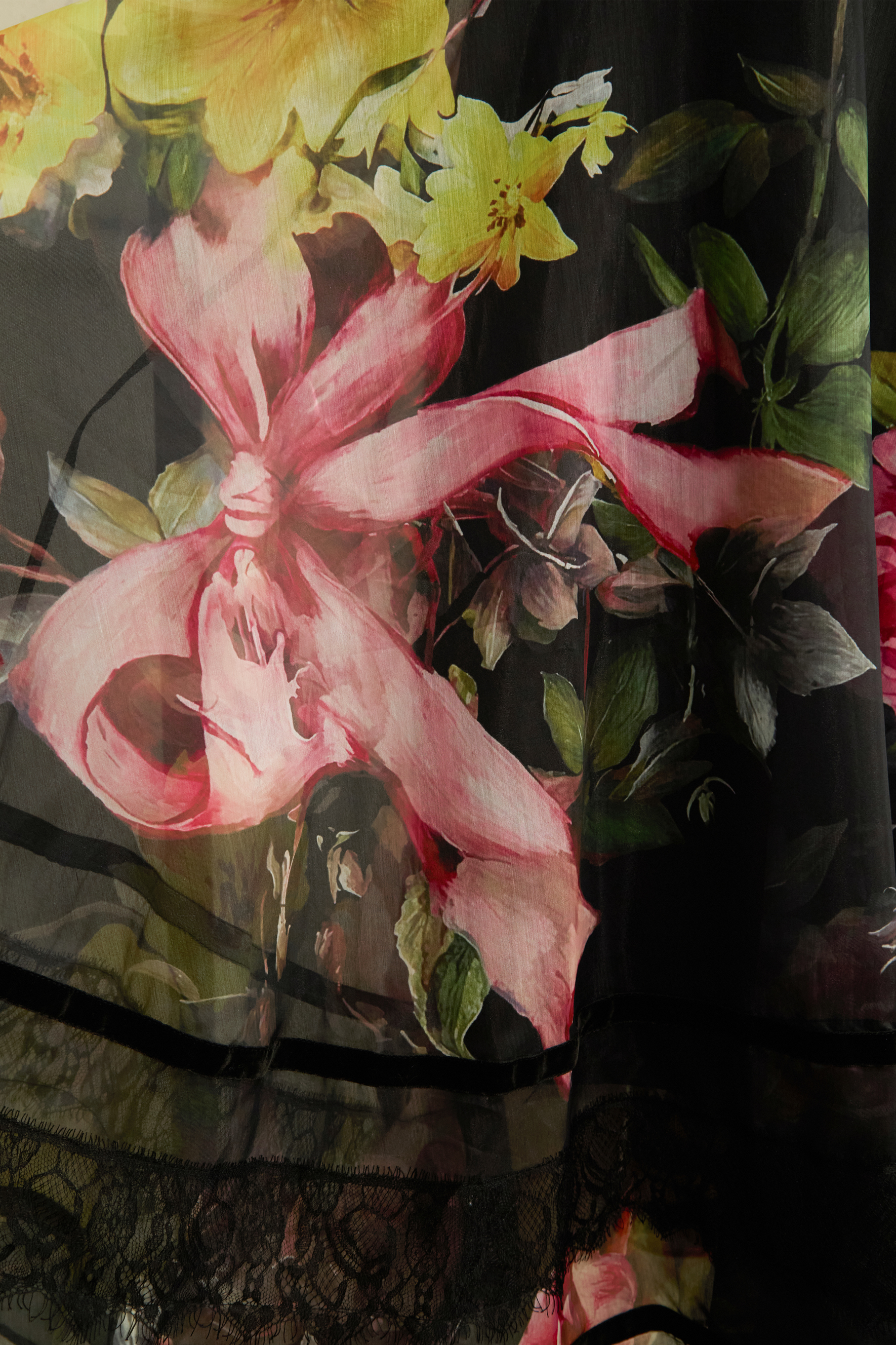 Softly Charming Black Floral Print Velvet Cuff Maxi Dress