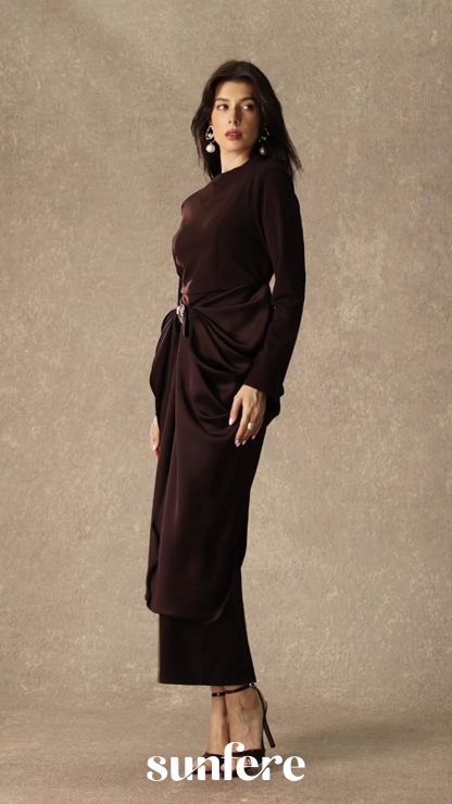 Refined Attitude Brown Metal Detail Draped Midi Dress