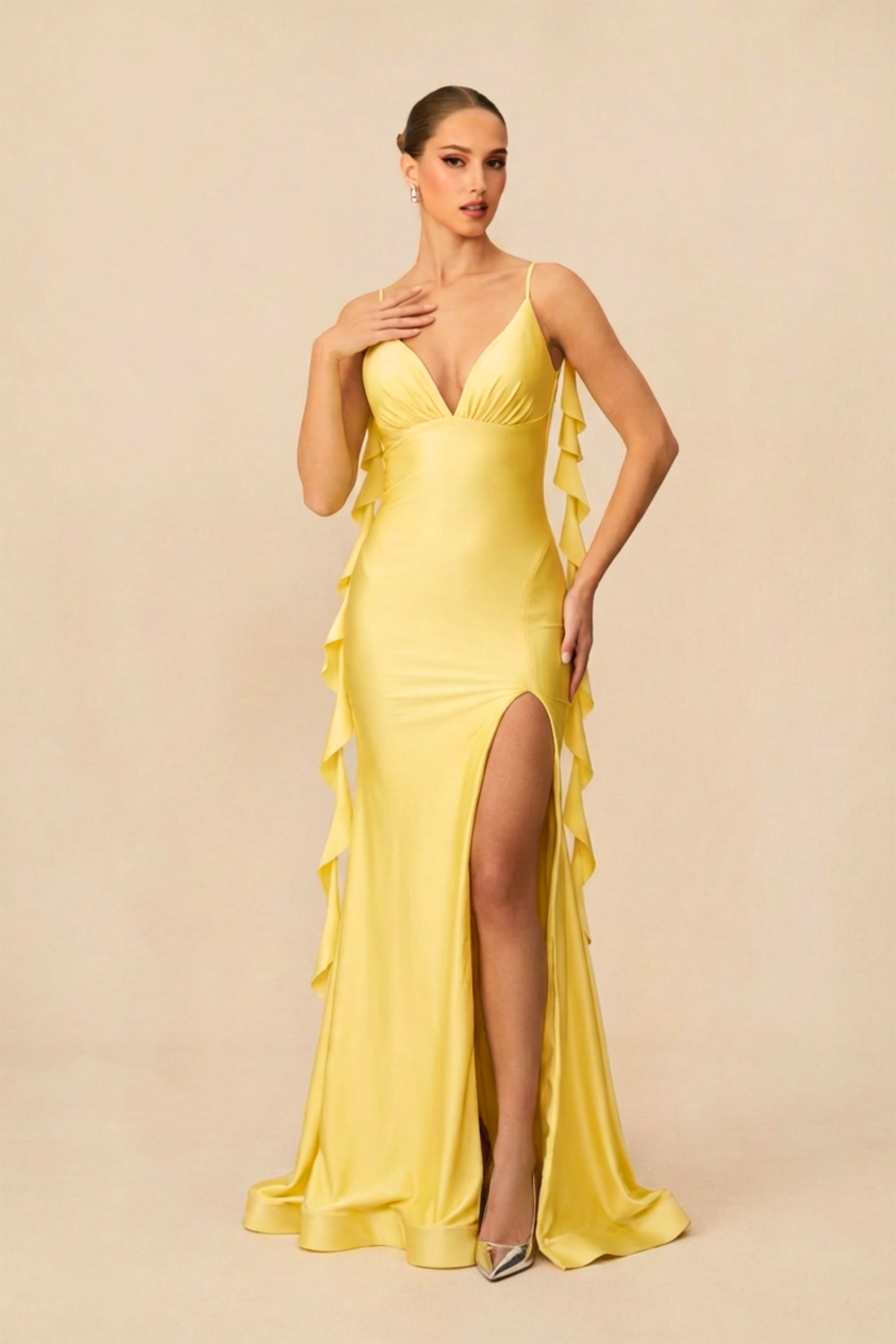 In Love Forever Yellow V-Neck High Slit Maxi Dress