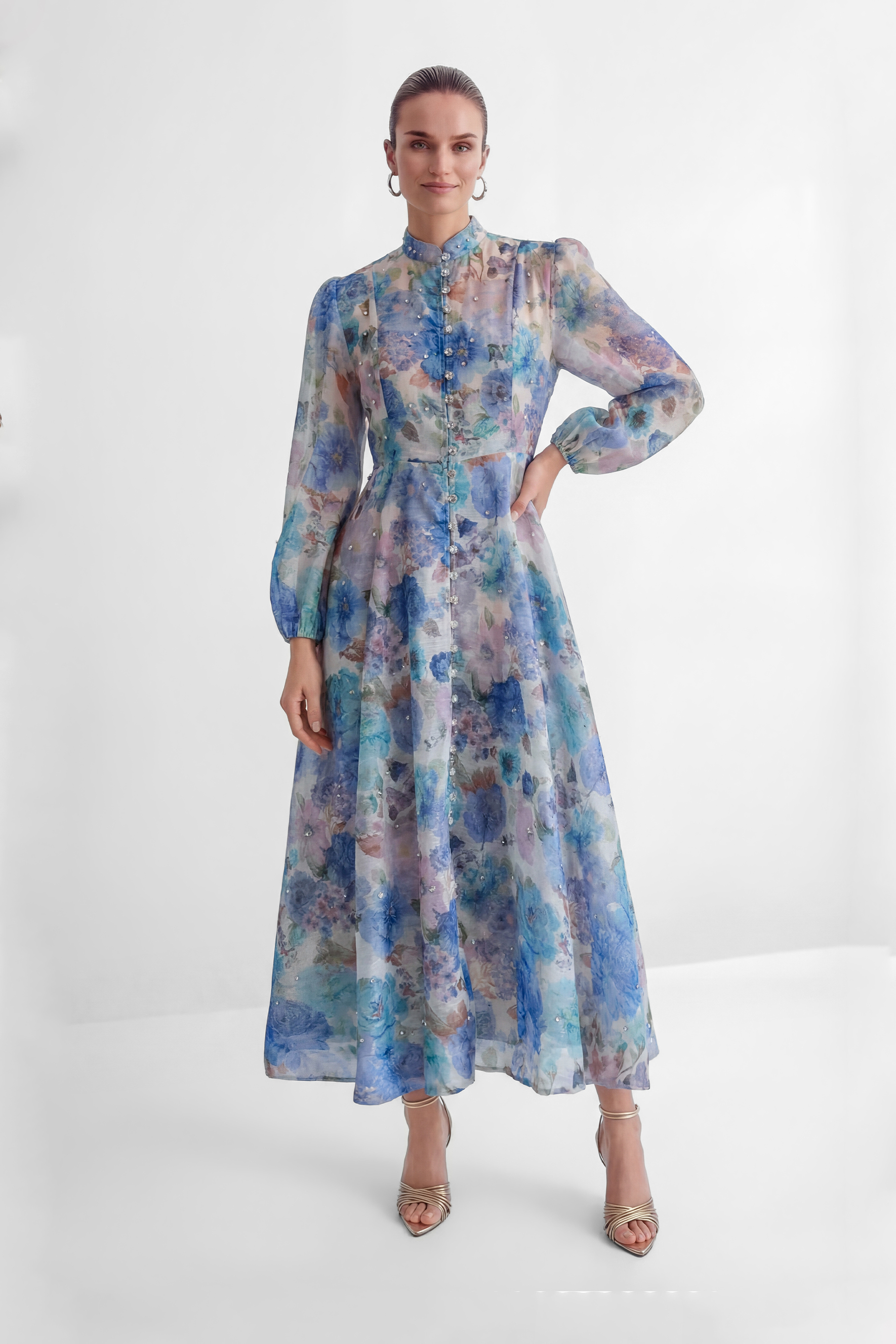 Love Breezy Blue Floral Print Rhinestone Embellished Maxi Dress