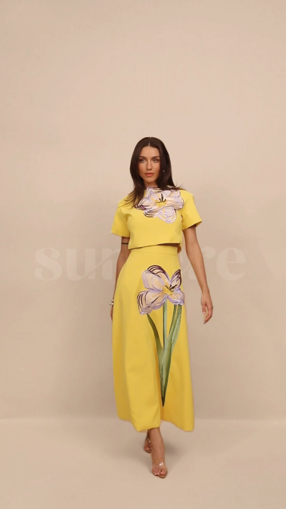Angelica Floral Applique Short Sleeve Top & Skirt Set
