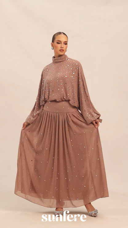 Indescribable Shine Khaki Crystal Embellished Top & Skirt Set