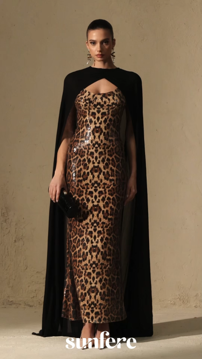 Wild Charm Multi Leopard Print Sequin Maxi Dress & Cape Set