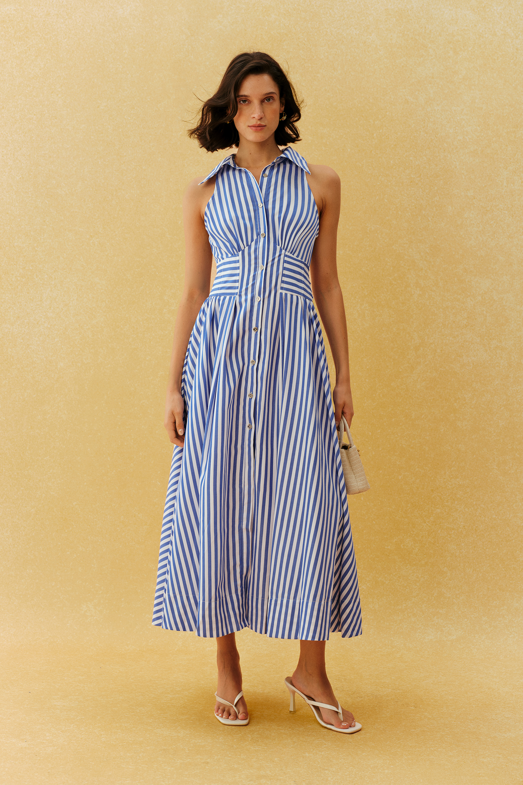 Favourite Girl Blue Striped Collar Sleeveless Maxi Dress
