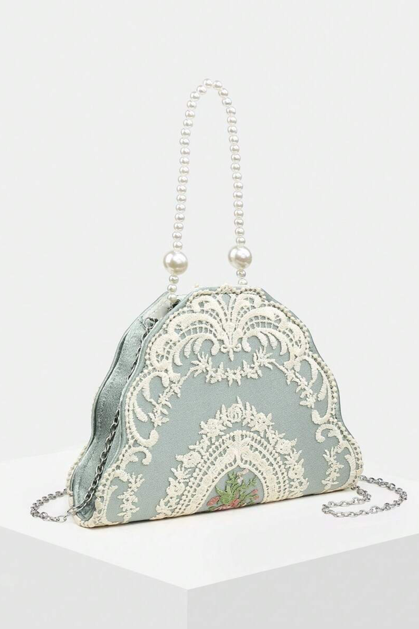 Lace Embroidery Pearl Strap Handle Bag