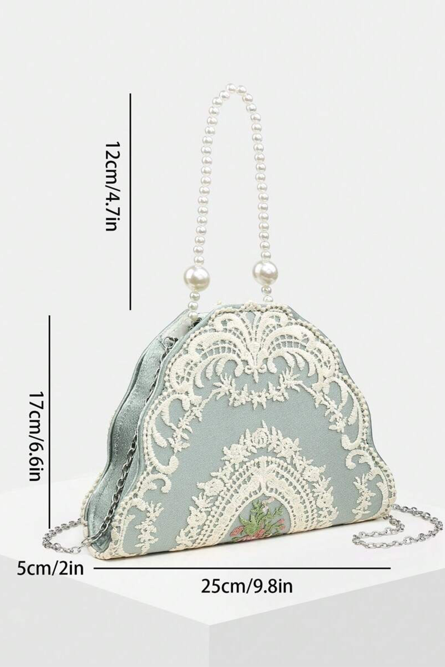 Lace Embroidery Pearl Strap Handle Bag