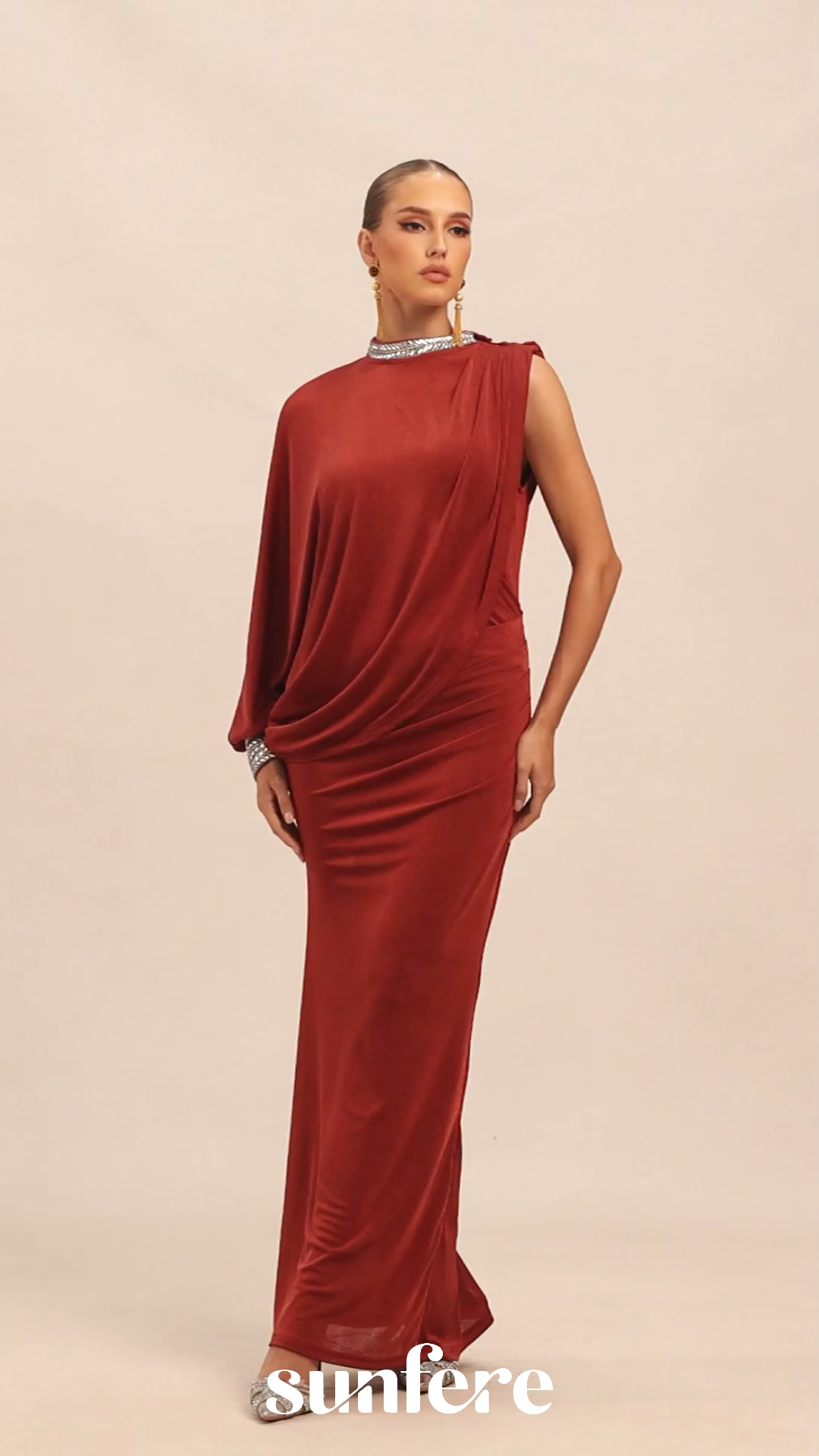 Feel The Romance Burgundy Crystal Embellished Asymmetric Maxi Dress