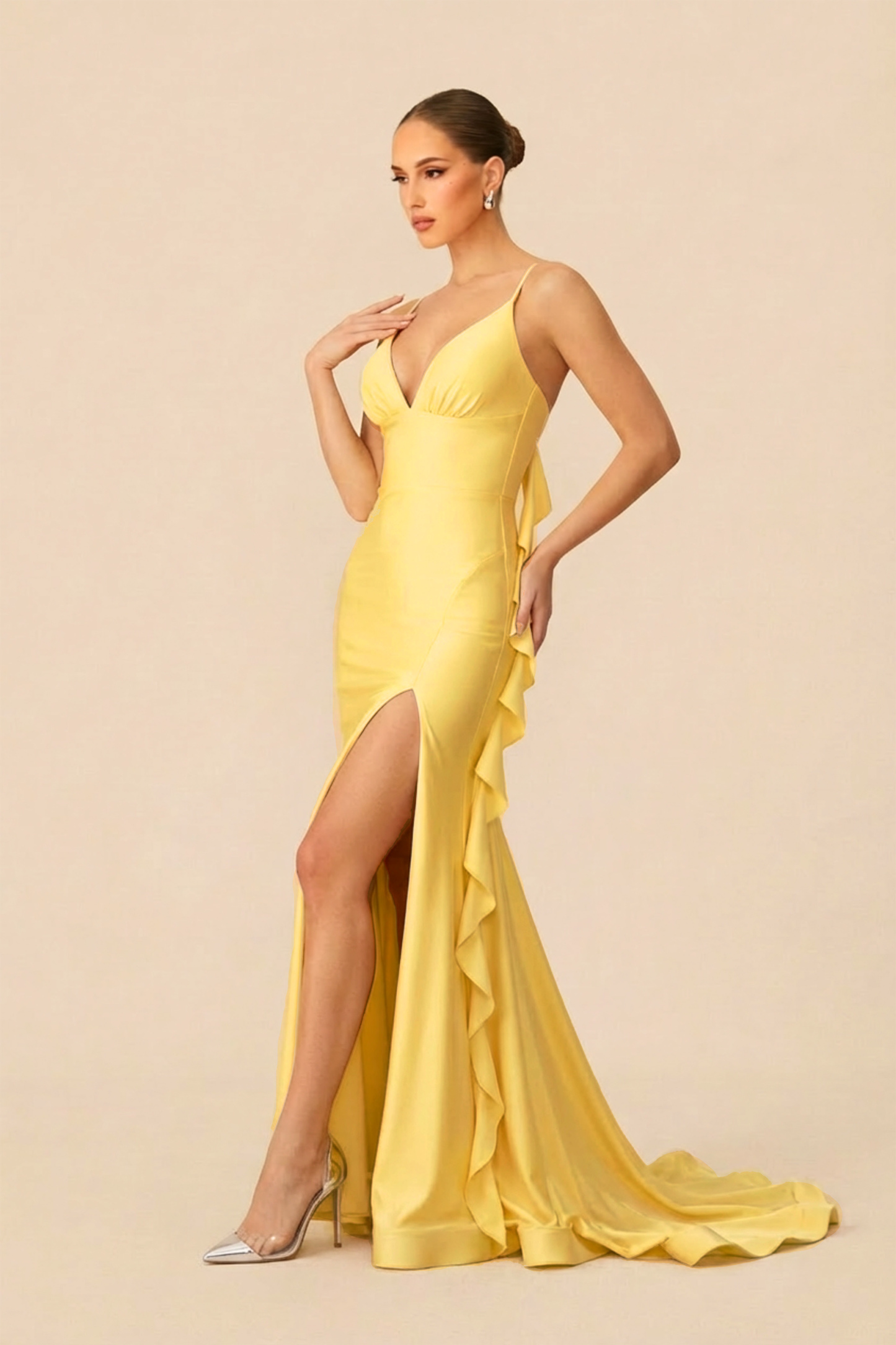 In Love Forever Yellow V-Neck High Slit Maxi Dress