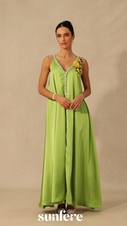 Sienna Floral Embroidered V-neck Satin Maxi Dress