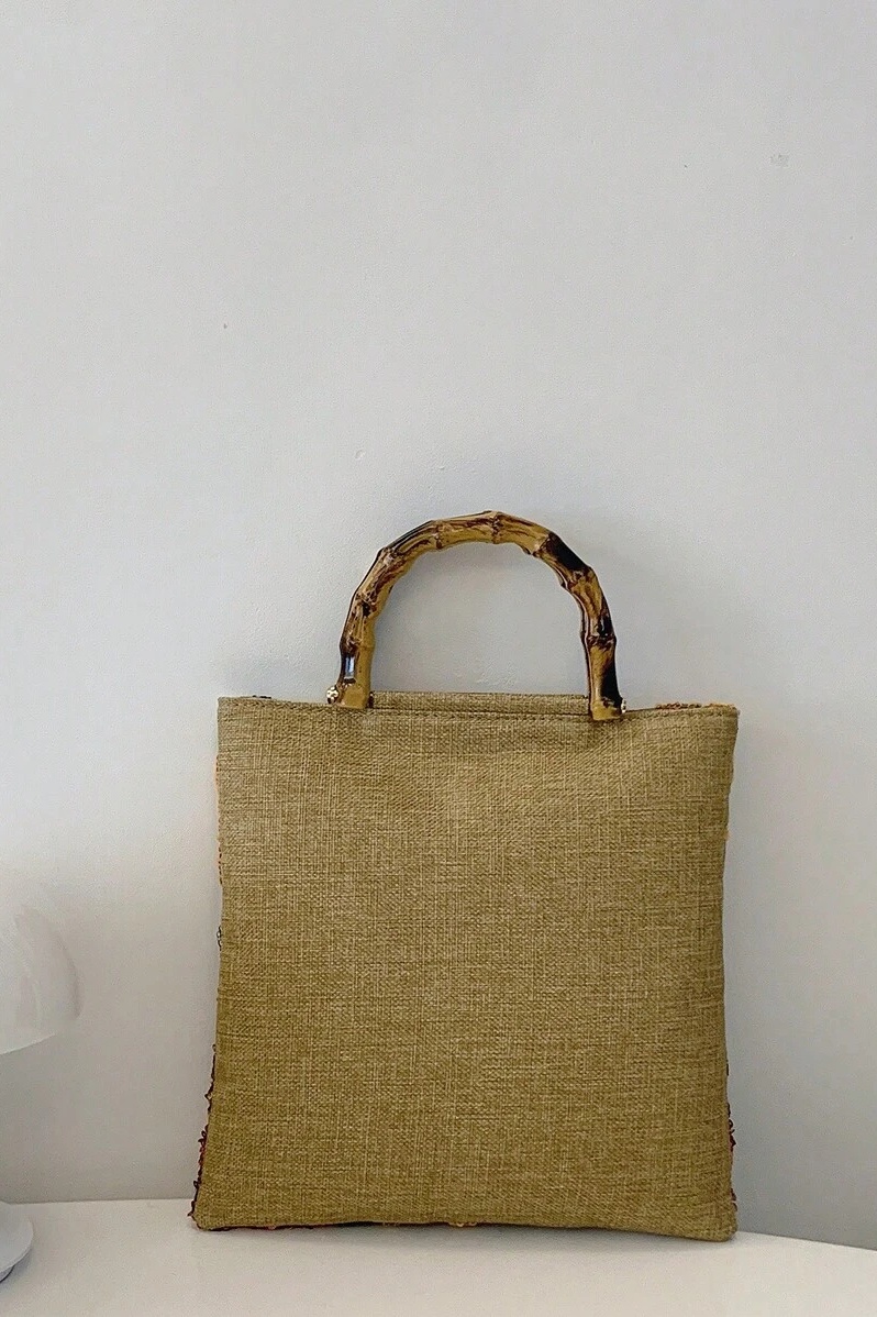 Sequin Embroidered Bamboo-handle Tote Bag