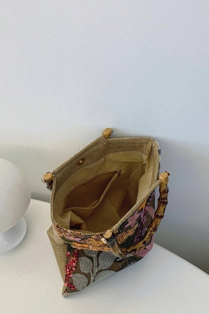 Sequin Embroidered Bamboo-handle Tote Bag
