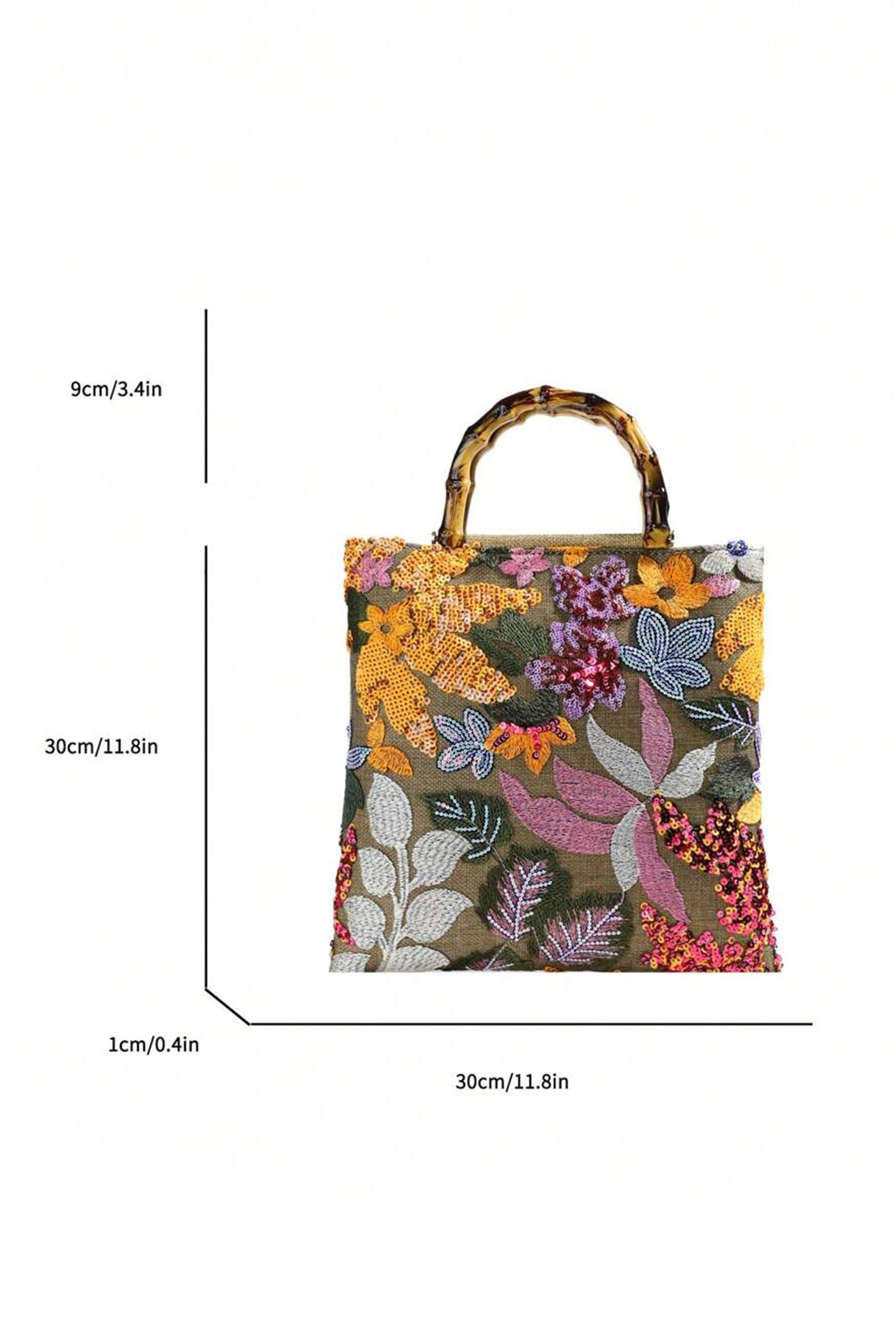 Sequin Embroidered Bamboo-handle Tote Bag