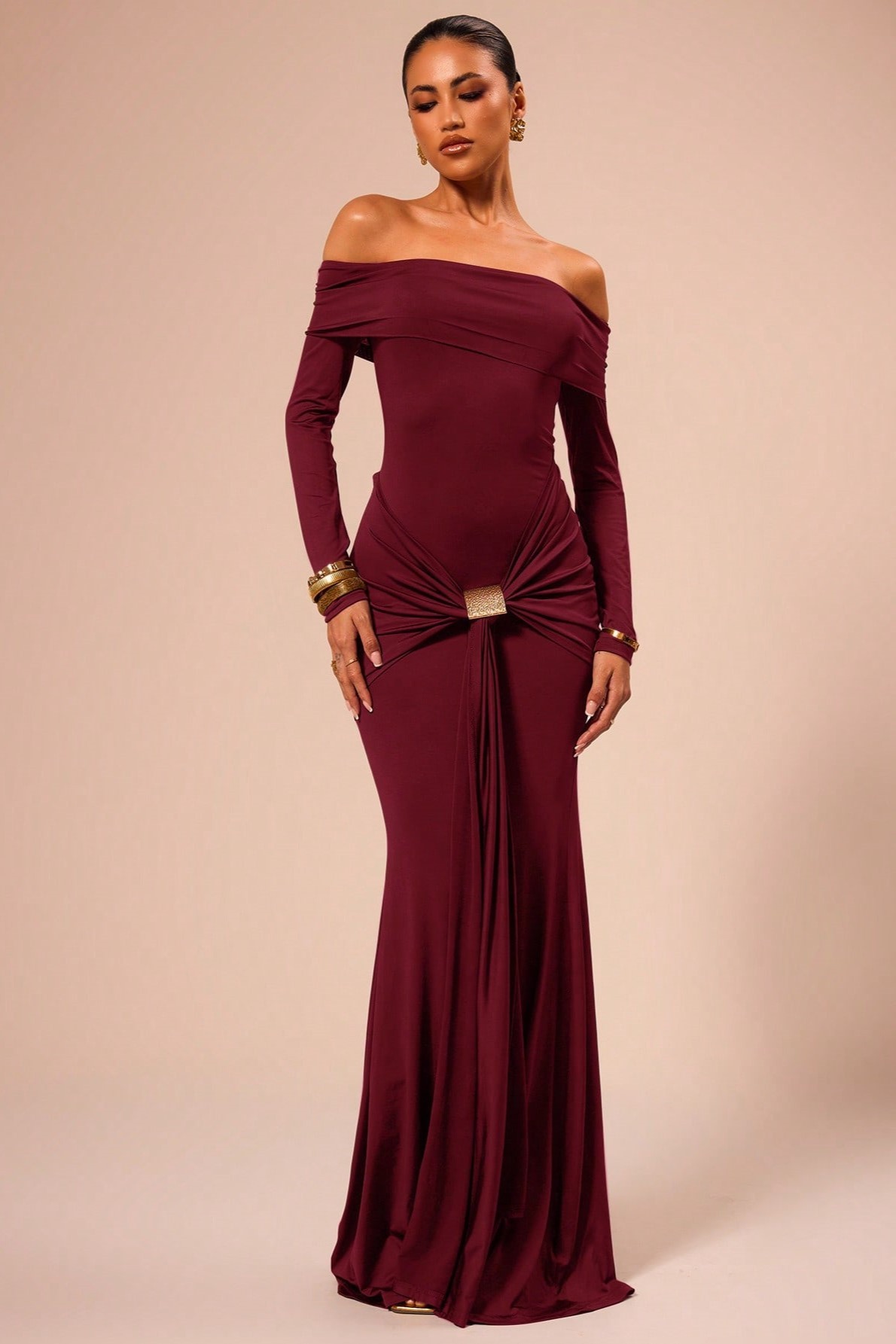 Aditi Pleated Off Shoulder Maxi Dress