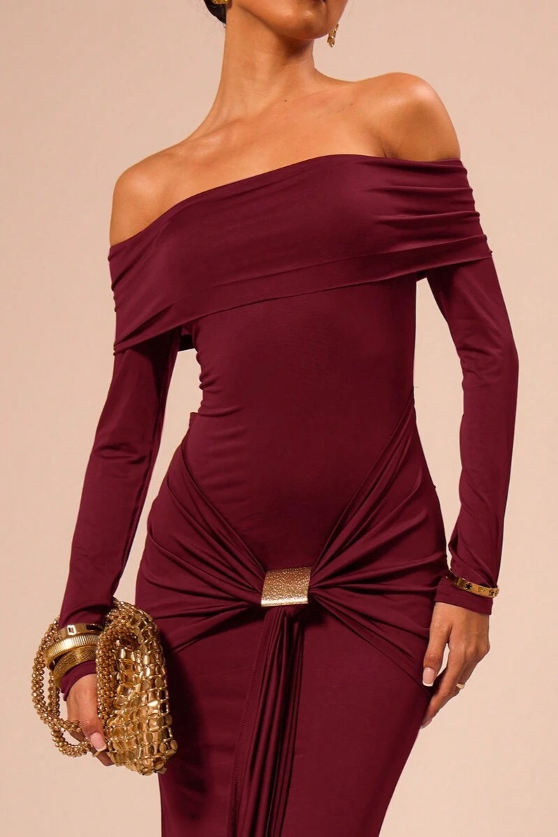 Aditi Pleated Off Shoulder Maxi Dress