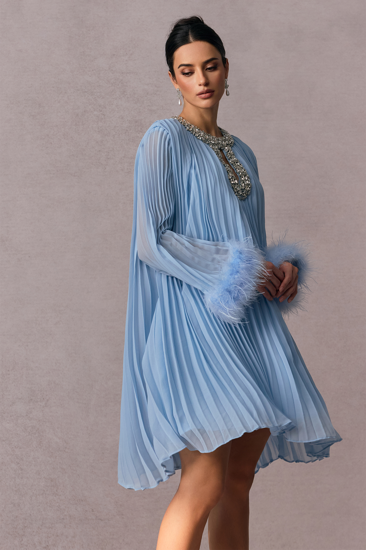 Gabrielle Diamante Feathered Pleated Chiffon Mini Dress
