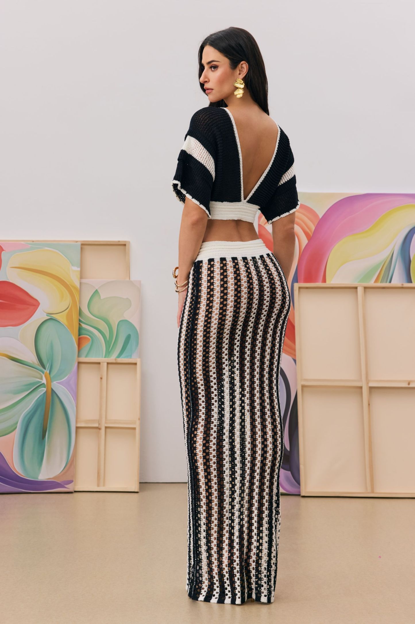 Sibyl Hollow Out Stripe Knit Set