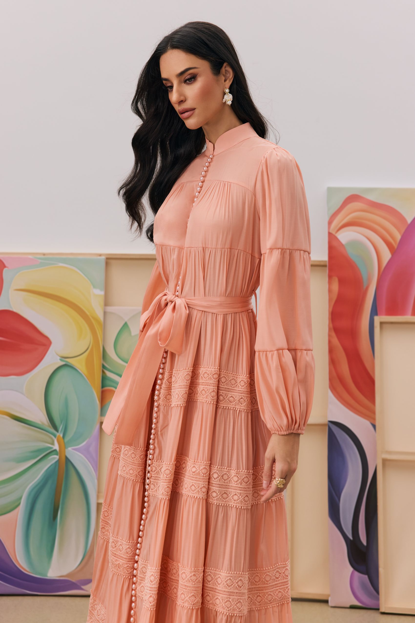 Sabina Stand Collar Lace Trim Maxi Dress