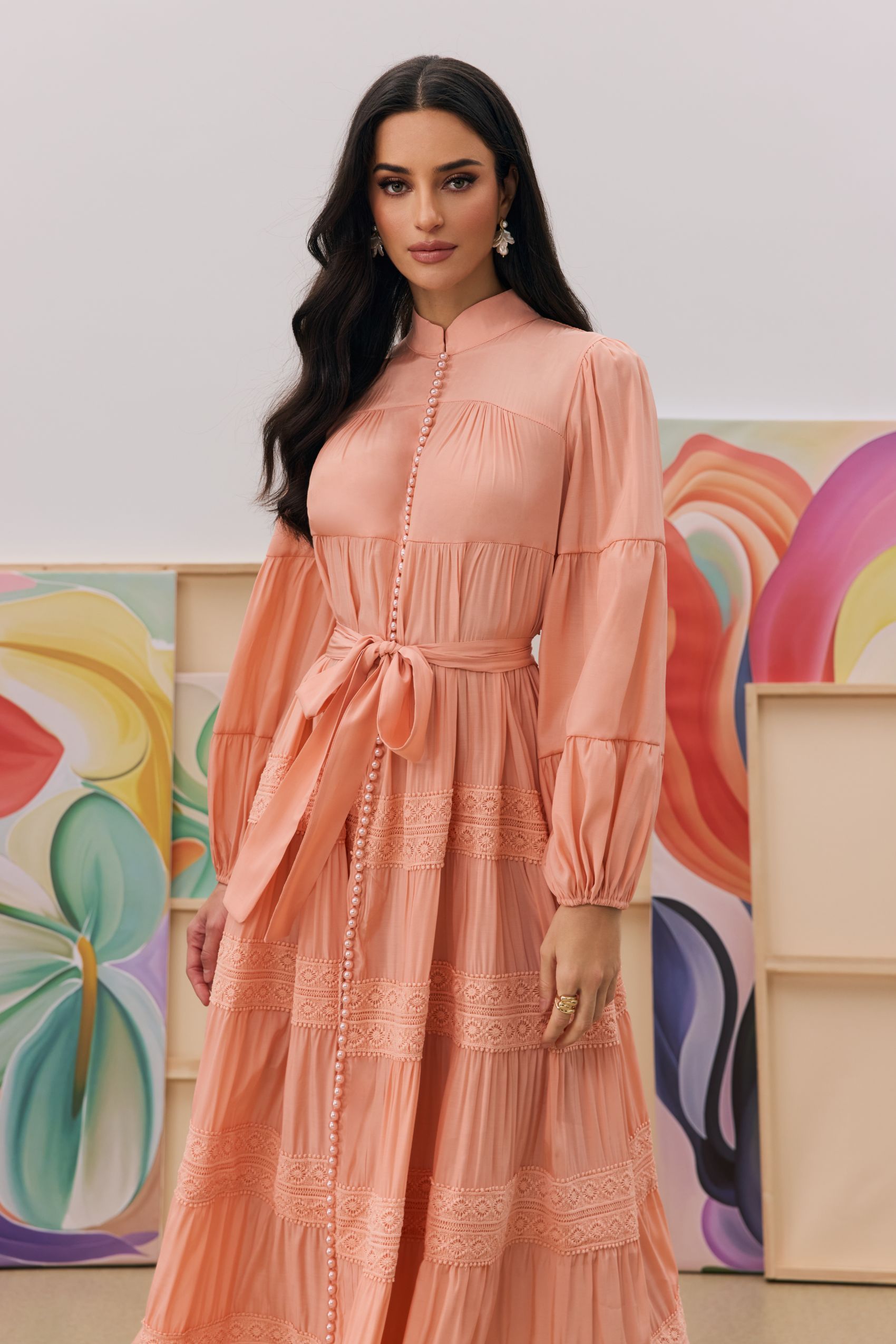 Sabina Stand Collar Lace Trim Maxi Dress