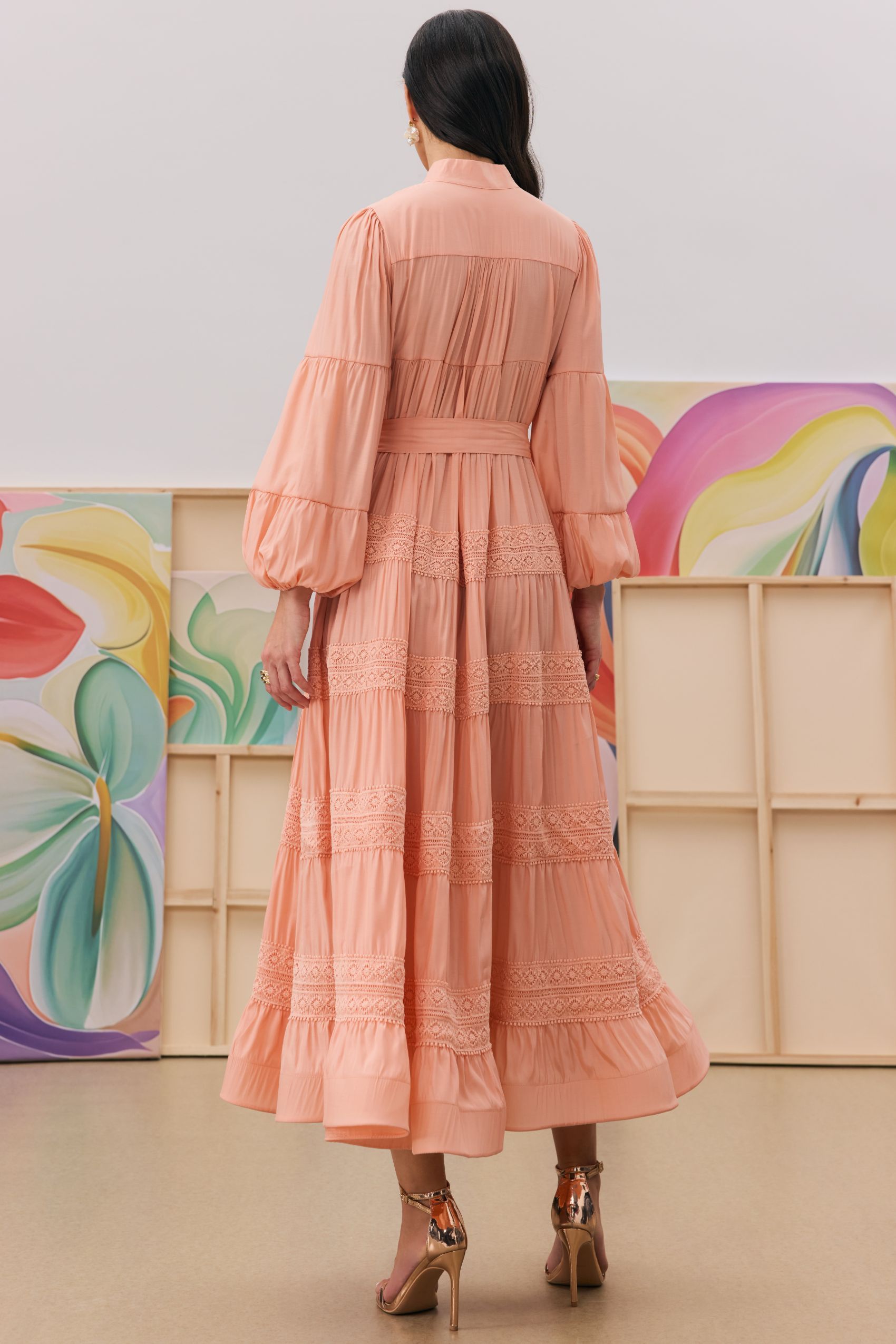 Sabina Stand Collar Lace Trim Maxi Dress