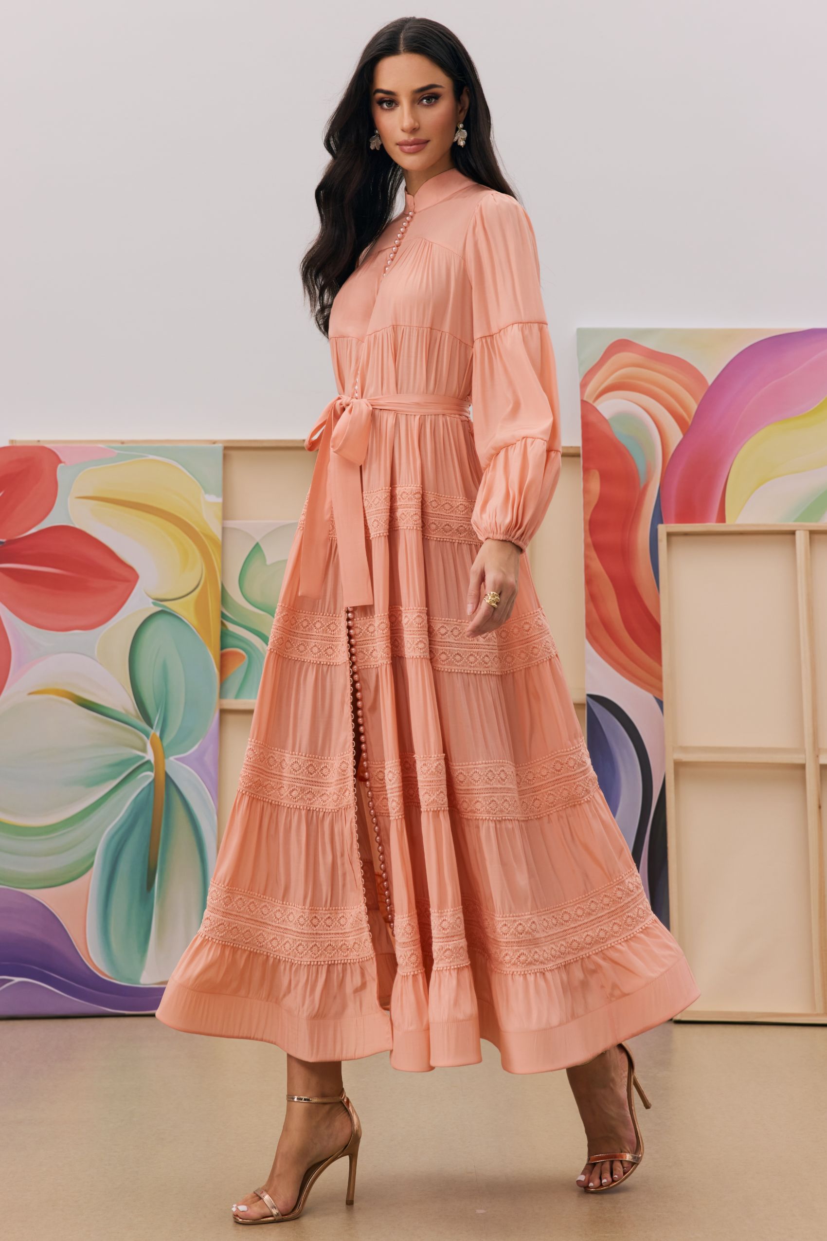 Sabina Stand Collar Lace Trim Maxi Dress