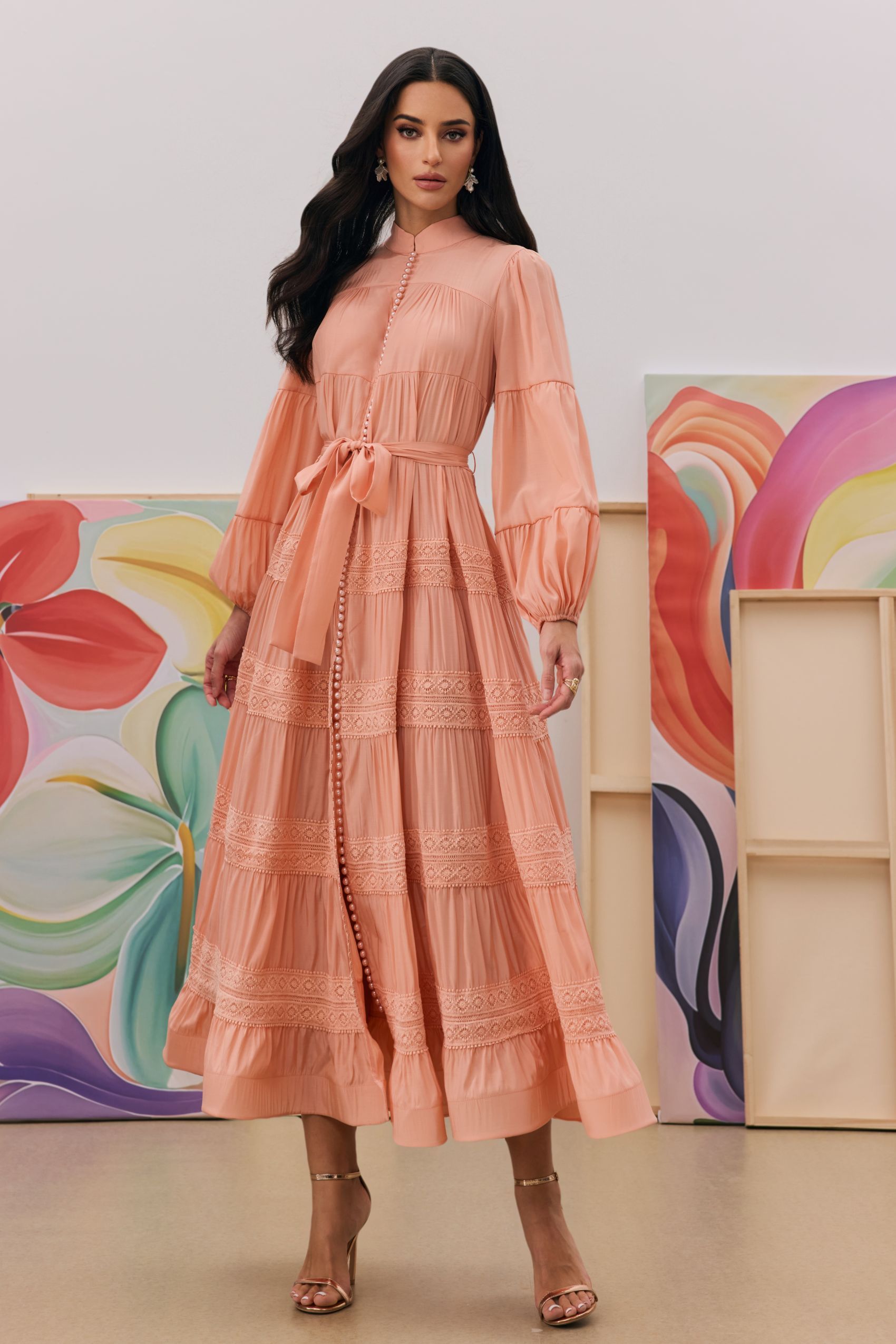 Sabina Stand Collar Lace Trim Maxi Dress