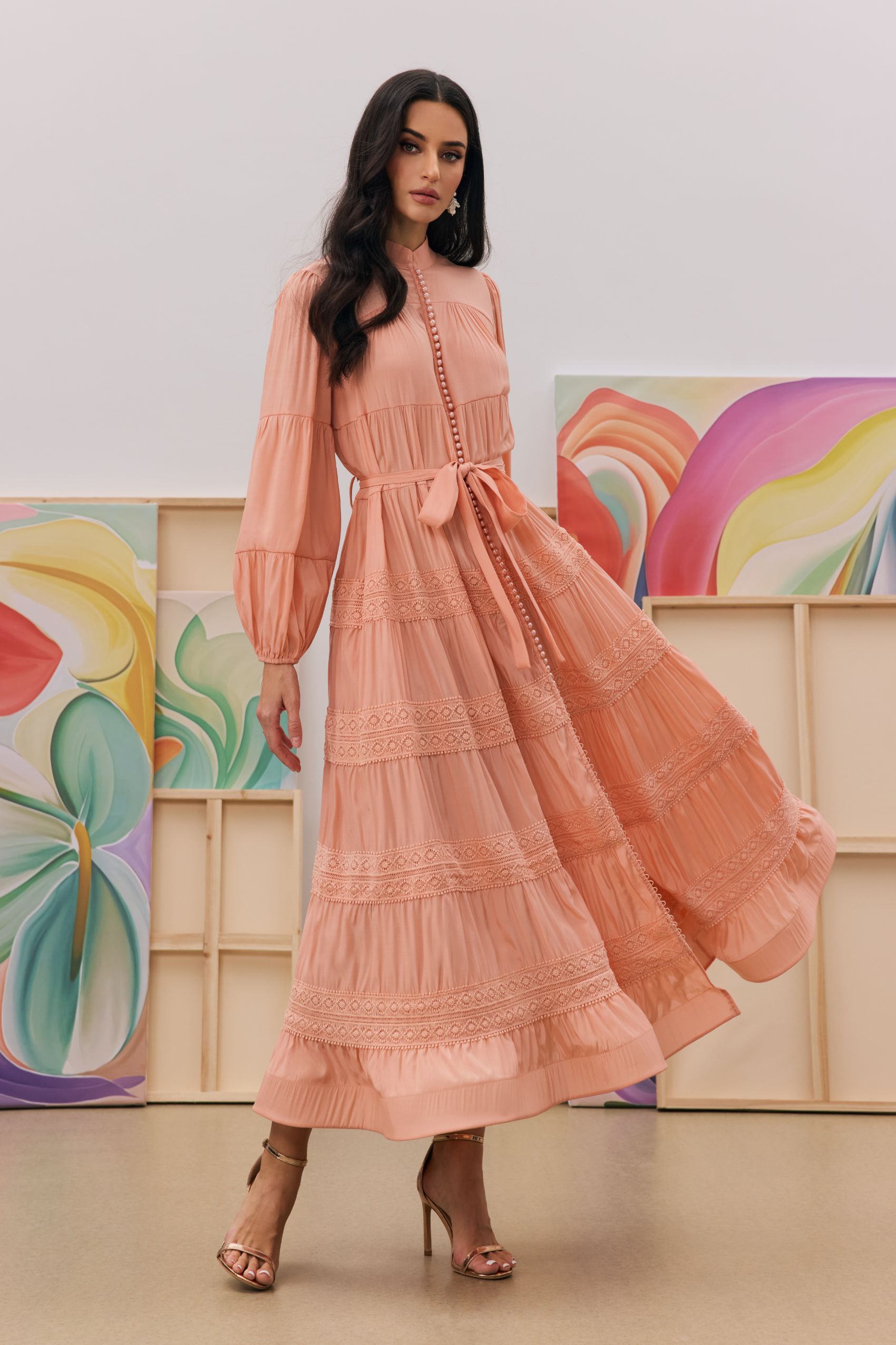 Sabina Stand Collar Lace Trim Maxi Dress