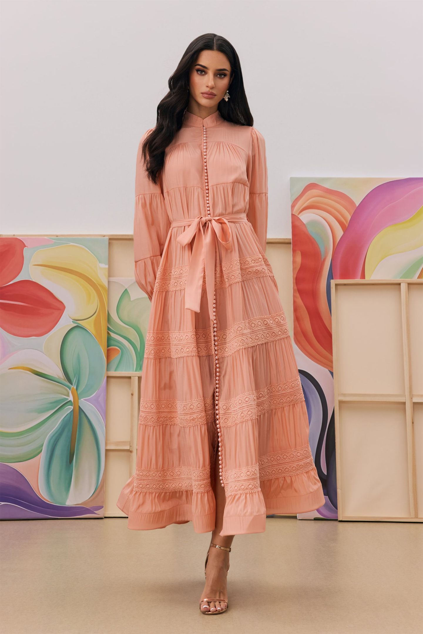 Sabina Stand Collar Lace Trim Maxi Dress