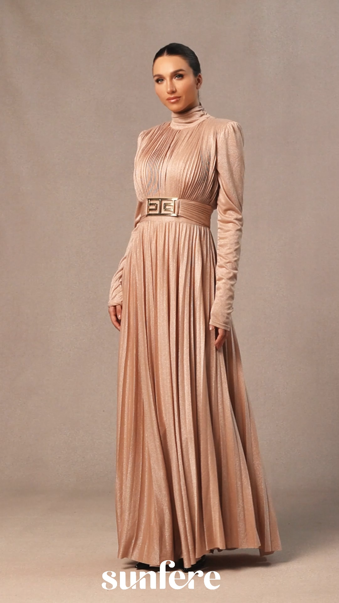 Elsie Metallic Pleated Belted Maxi Dress