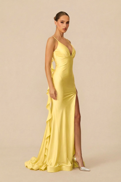 In Love Forever Yellow V-Neck High Slit Maxi Dress