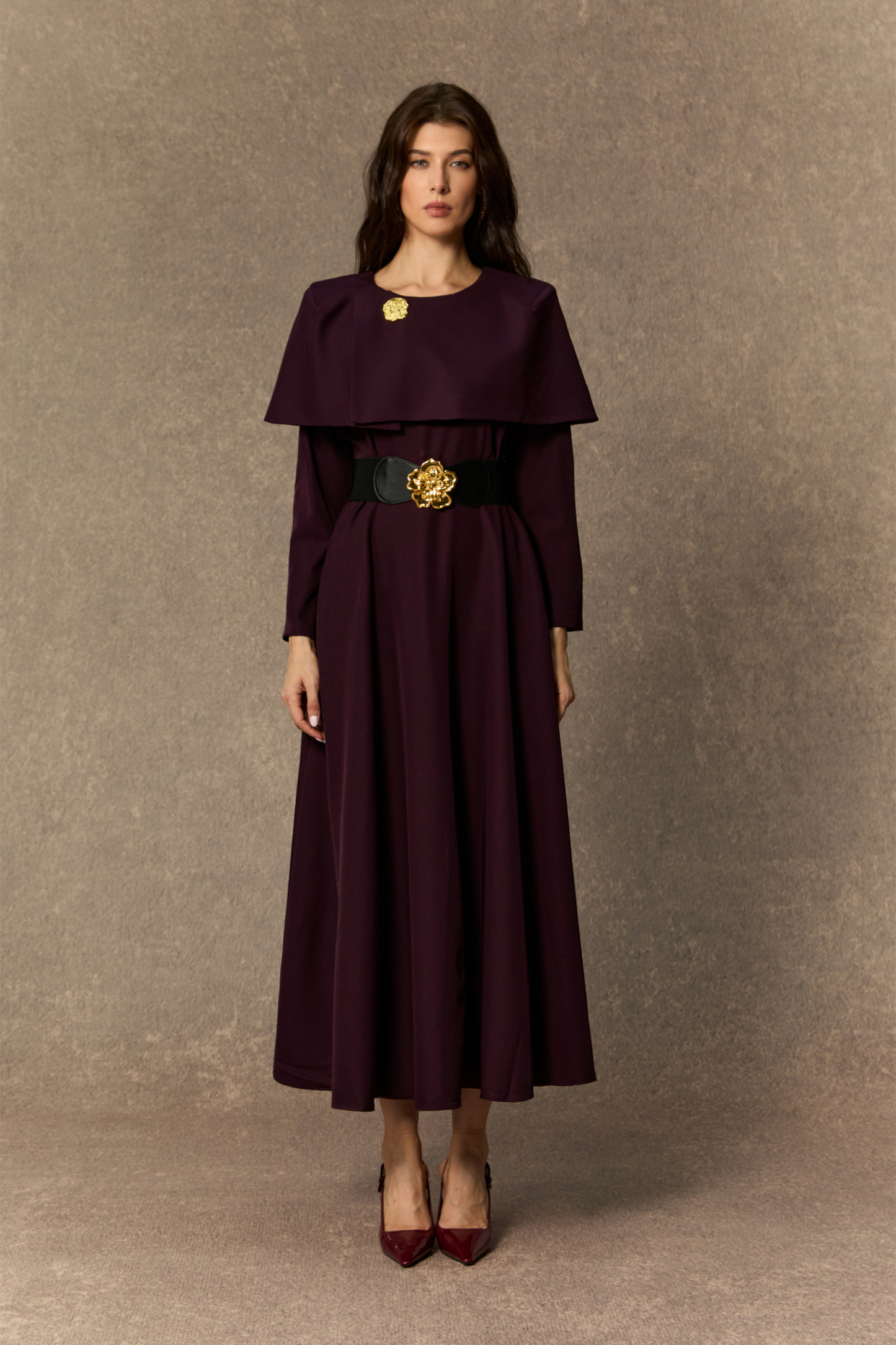 sunfere Classy Attitude Purple Cape Detail Floral Midi Dress or Refined Satin Waist-Defined Midi Dress with Subtle Detailing
