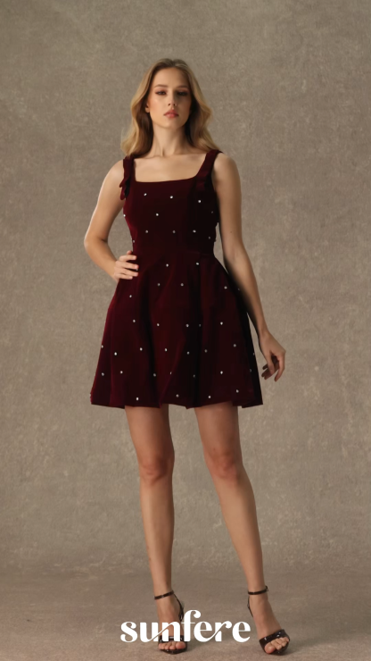 Crowned In Style Burgundy Crystal Embellished Square Neck Mini Dress