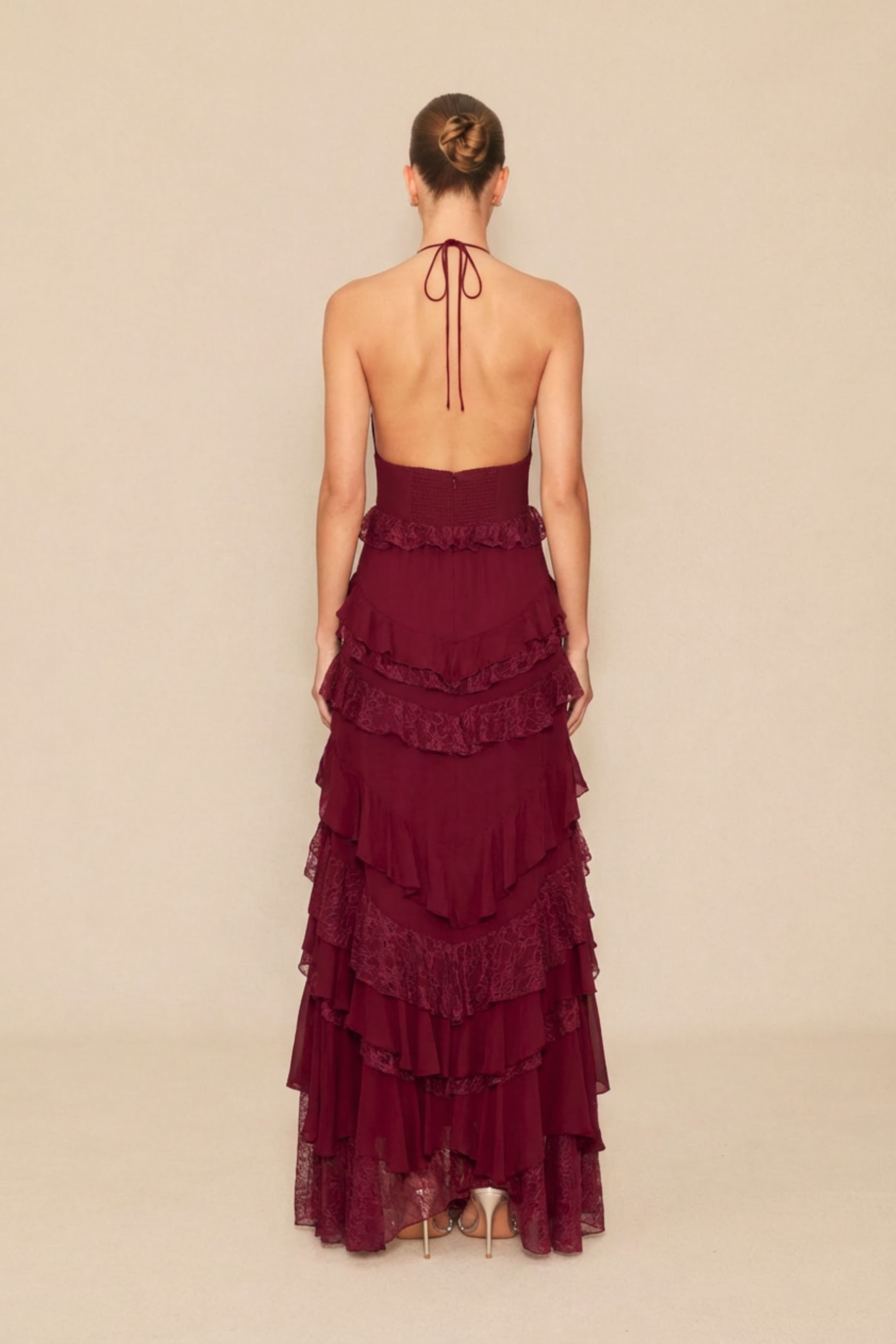 Beauty Icon Burgundy Deep V Neck Tiered Lace Maxi Dress