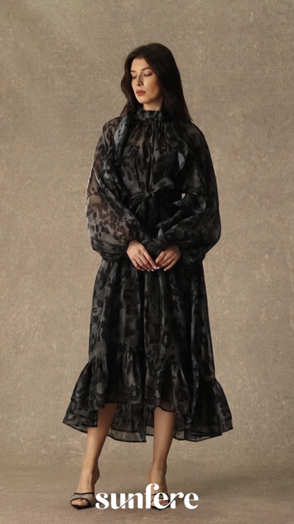 Wild Charm Black Leopard Print Ruffled Midi Dress