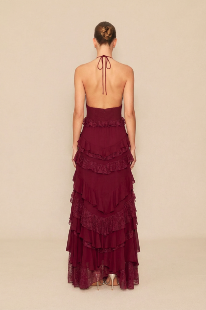 Beauty Icon Burgundy Deep V Neck Tiered Lace Maxi Dress