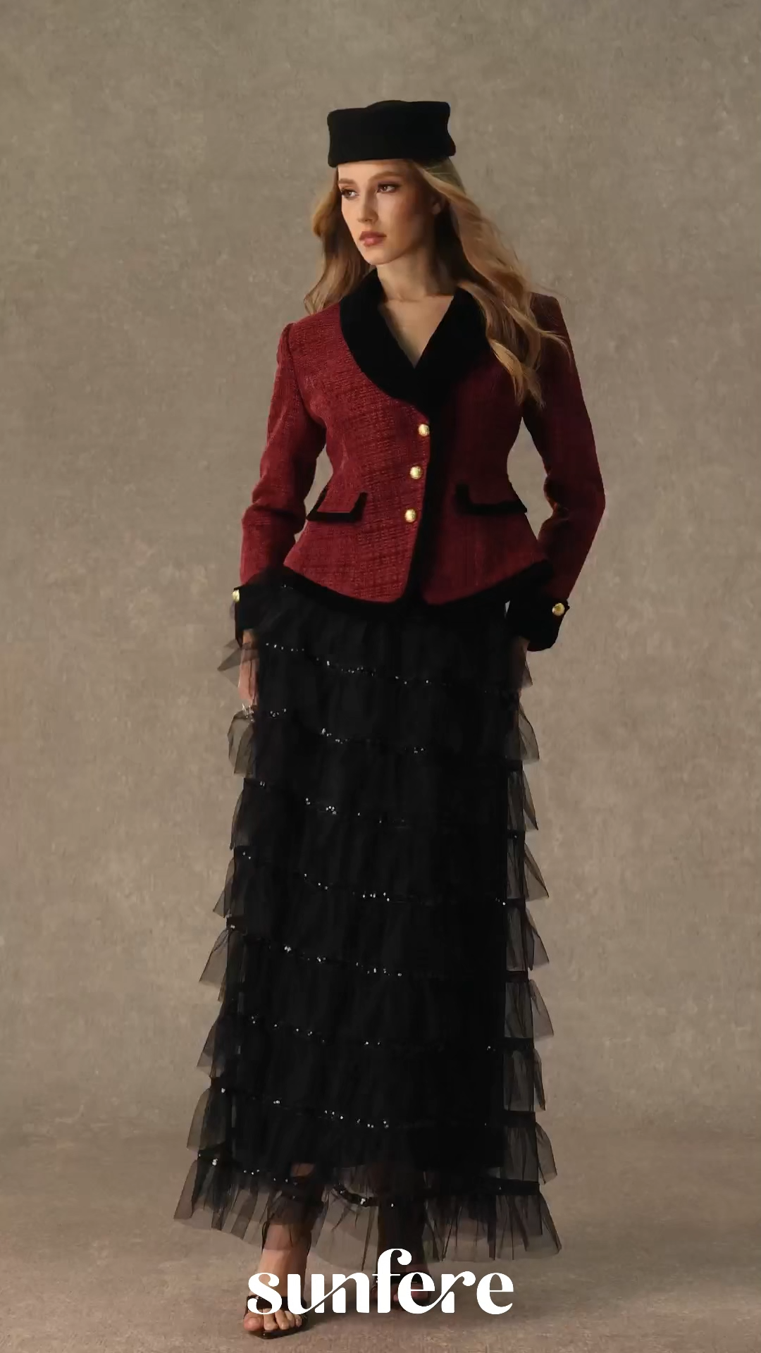 Graceful Arrival Burgundy Tweed Jacket & Tiered Tulle Skirt Set