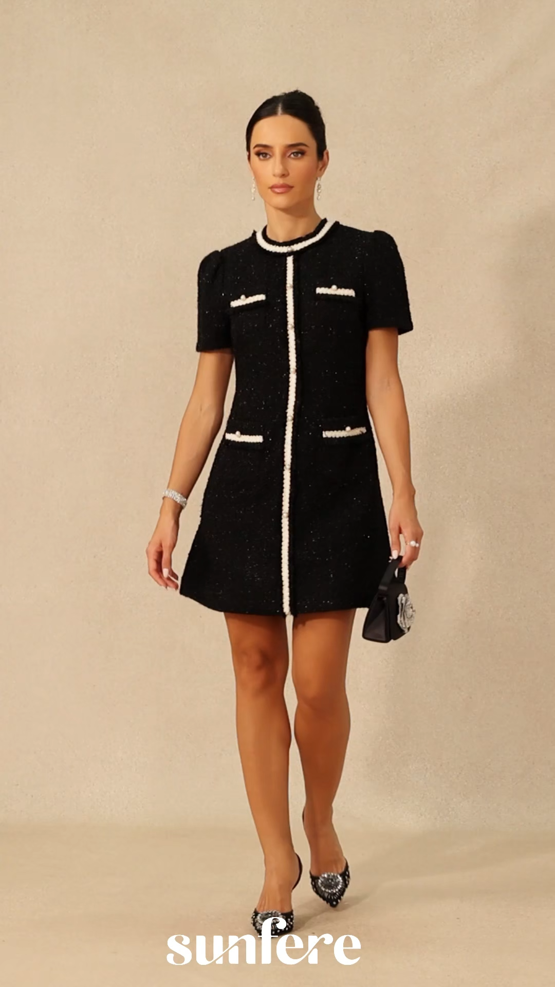 Samantha Contrast Trim Short Sleeve Tweed Mini Dress