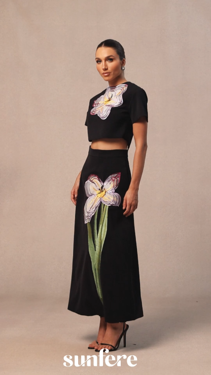 Angelica Floral Applique Short Sleeve Top & Skirt Set