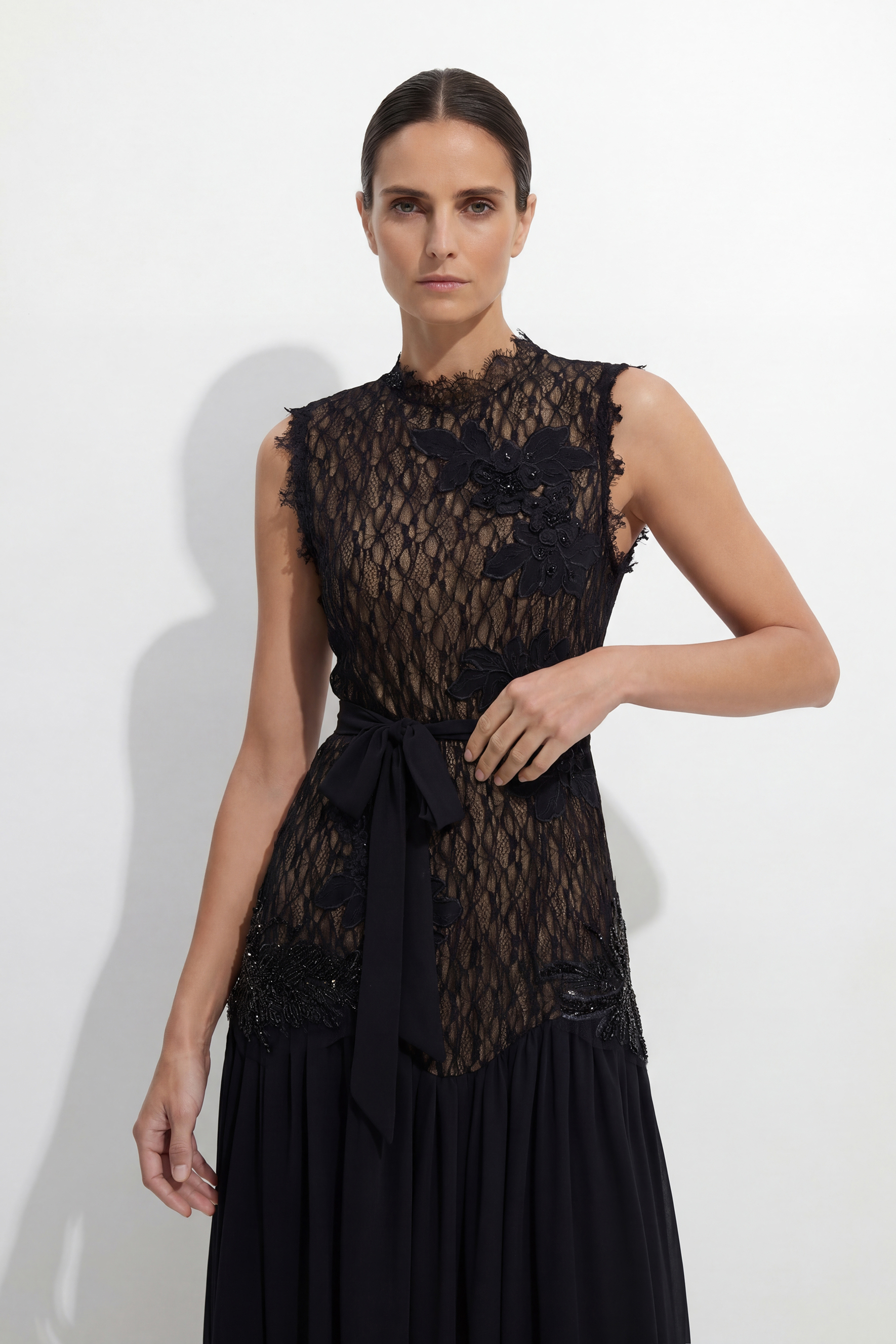 Out In Elegance Black Floral Applique Lace Bodice Maxi Dress