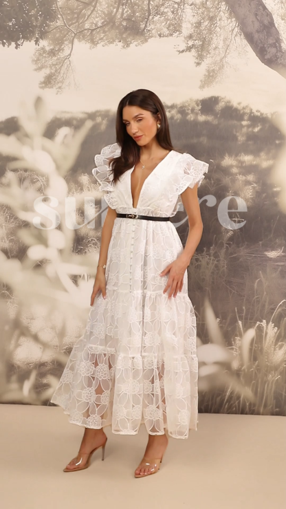 Luna Deep V-Neck Sheer Lace Maxi Dress