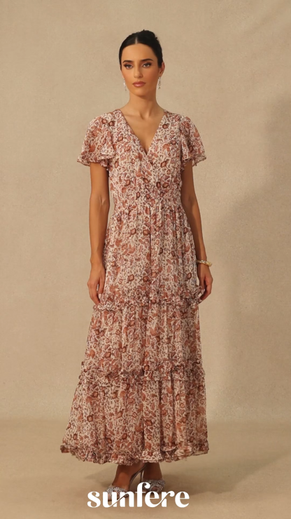 Elisabeth Floral Print Flutter Sleeve Maxi Dress