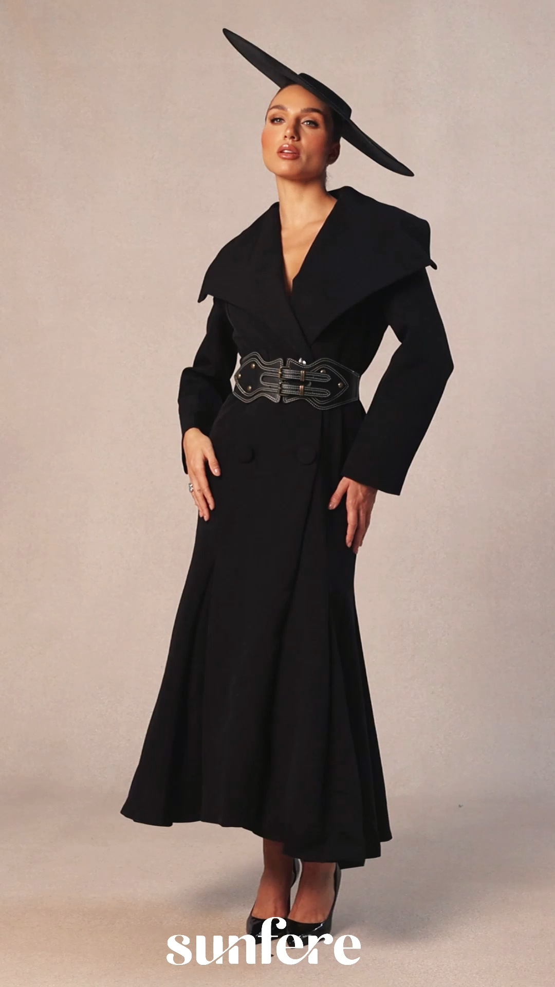 Gabrielle Wide Lapel Double Breasted Coat with Belt